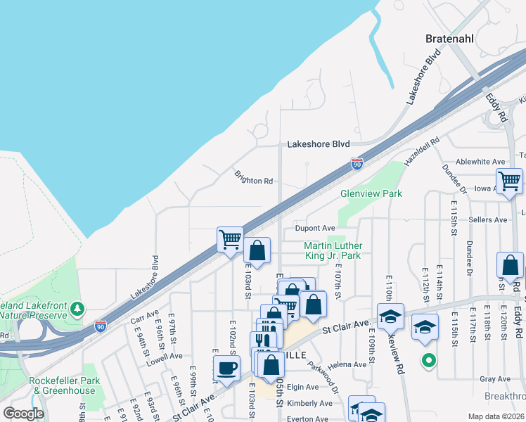 map of restaurants, bars, coffee shops, grocery stores, and more near 10322 Burton Avenue in Bratenahl
