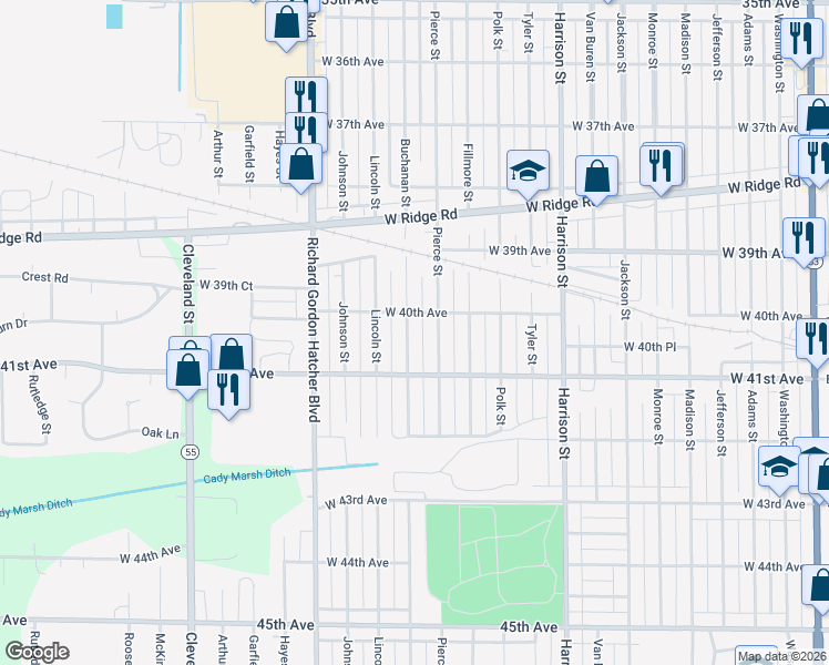map of restaurants, bars, coffee shops, grocery stores, and more near 4018 Buchanan Street in Gary