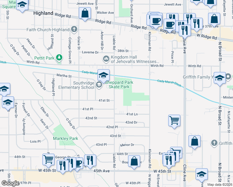 map of restaurants, bars, coffee shops, grocery stores, and more near 9231 Liable Road in Highland