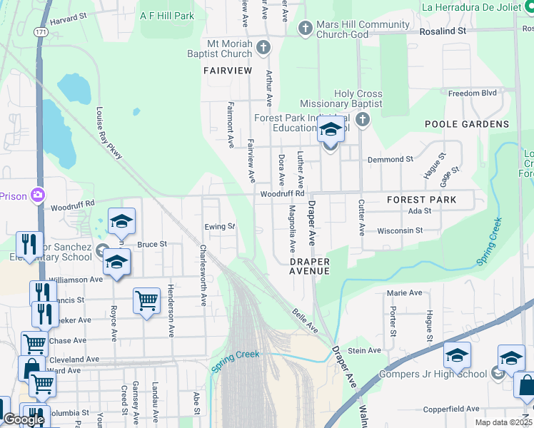 map of restaurants, bars, coffee shops, grocery stores, and more near 1115 Arthur Avenue in Joliet