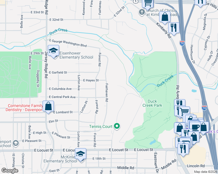 map of restaurants, bars, coffee shops, grocery stores, and more near 2519 Fairhaven Road in Davenport