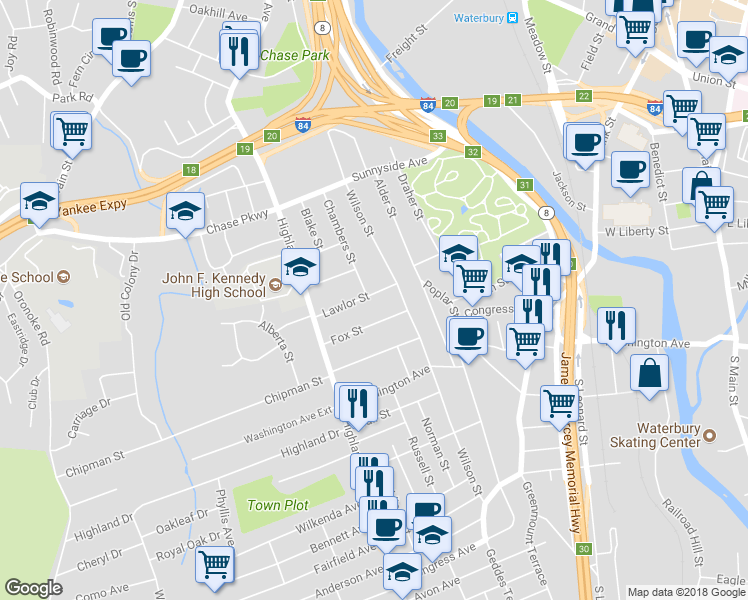 map of restaurants, bars, coffee shops, grocery stores, and more near 33 Lawlor Street in Waterbury
