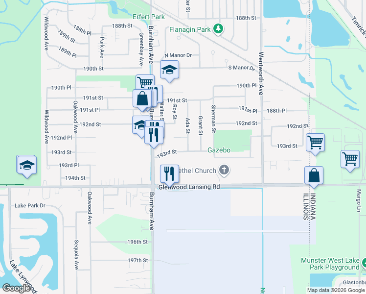 map of restaurants, bars, coffee shops, grocery stores, and more near 3316 193rd Street in Lansing