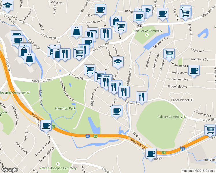 map of restaurants, bars, coffee shops, grocery stores, and more near 1801 East Main Street in Waterbury