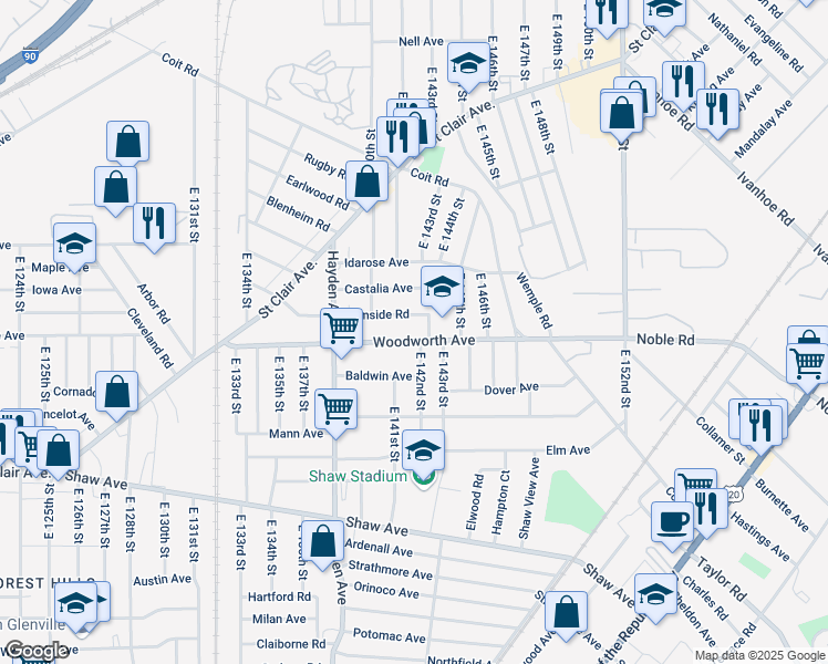 map of restaurants, bars, coffee shops, grocery stores, and more near 14113 Woodworth Avenue in Cleveland