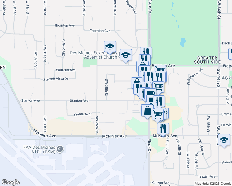 map of restaurants, bars, coffee shops, grocery stores, and more near 4208 Southwest 23rd Place in Des Moines