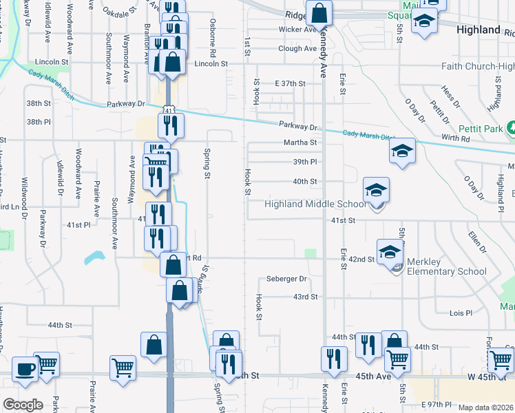 map of restaurants, bars, coffee shops, grocery stores, and more near 2616 40th Place in Highland