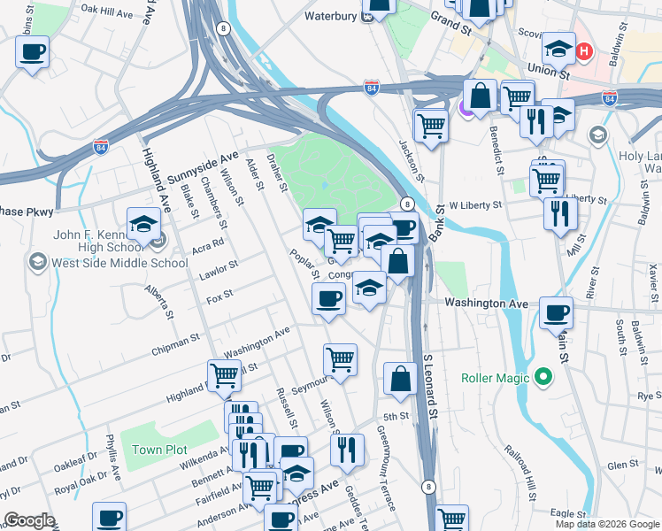 map of restaurants, bars, coffee shops, grocery stores, and more near 117 Green Street in Waterbury