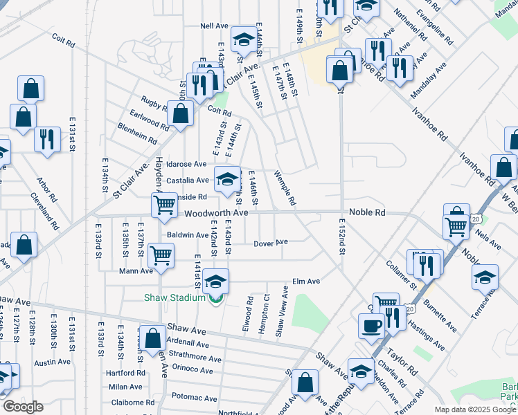 map of restaurants, bars, coffee shops, grocery stores, and more near 14601 Woodworth Avenue in Cleveland