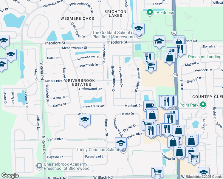 map of restaurants, bars, coffee shops, grocery stores, and more near 1307 Bridgehampton Drive in Plainfield