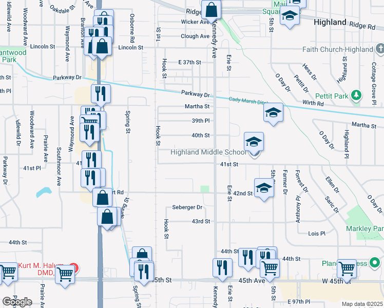 map of restaurants, bars, coffee shops, grocery stores, and more near 2712 40th Place in Highland