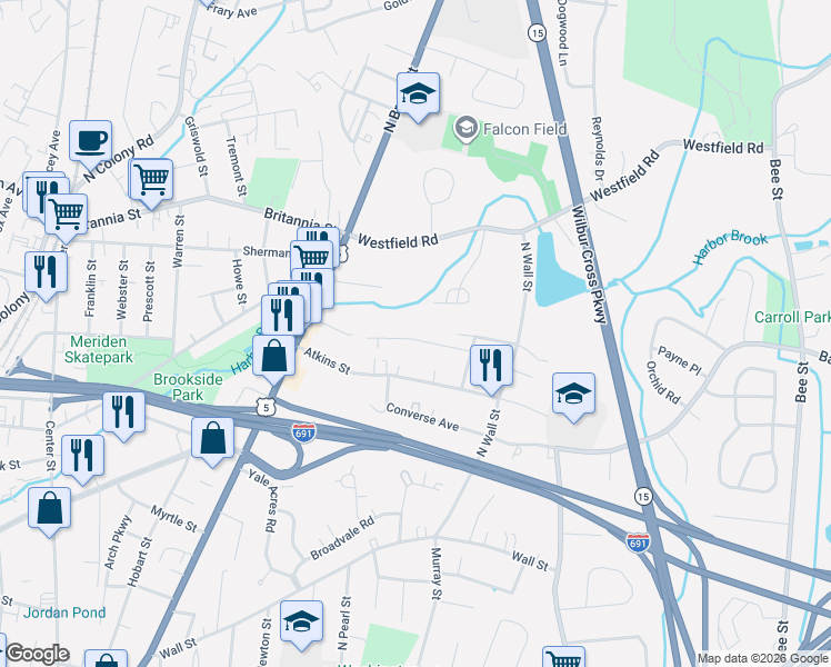 map of restaurants, bars, coffee shops, grocery stores, and more near 102 Orchard Street in Meriden