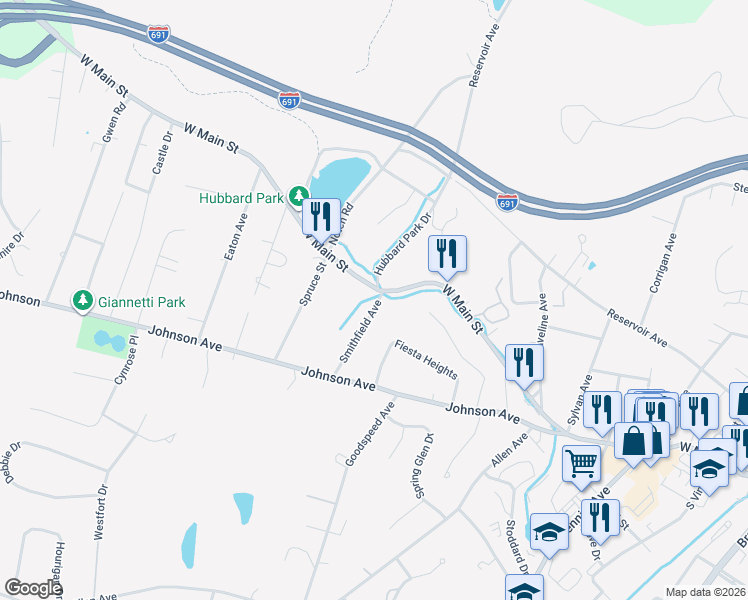 map of restaurants, bars, coffee shops, grocery stores, and more near in Meriden