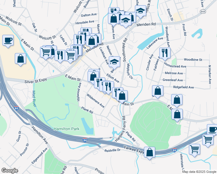 map of restaurants, bars, coffee shops, grocery stores, and more near 60 Alma Street in Waterbury