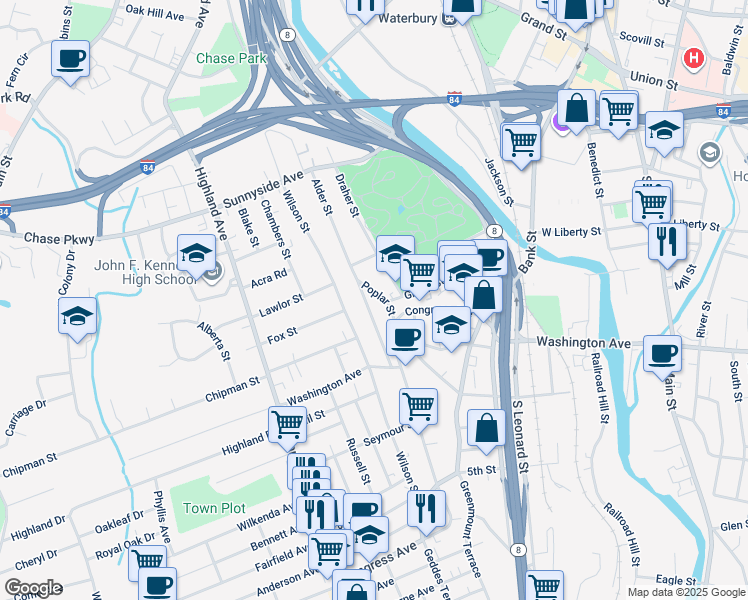 map of restaurants, bars, coffee shops, grocery stores, and more near 29 Poplar Street in Waterbury