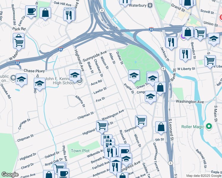 map of restaurants, bars, coffee shops, grocery stores, and more near 33 Lawlor Street in Waterbury
