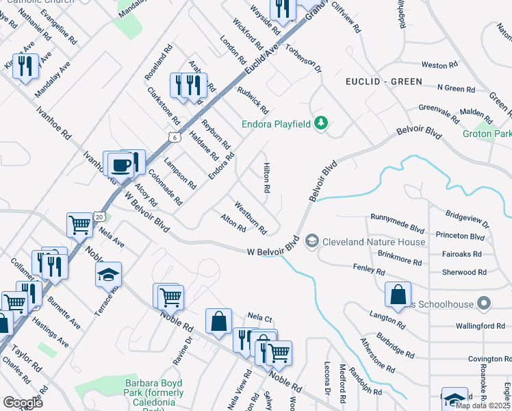 map of restaurants, bars, coffee shops, grocery stores, and more near 2001 Reyburn Road in Cleveland