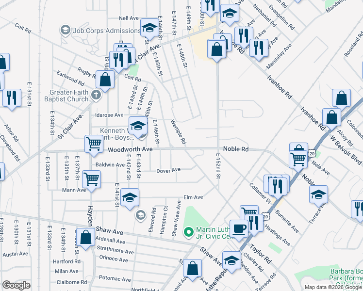 map of restaurants, bars, coffee shops, grocery stores, and more near 14767 Coit Road in Cleveland