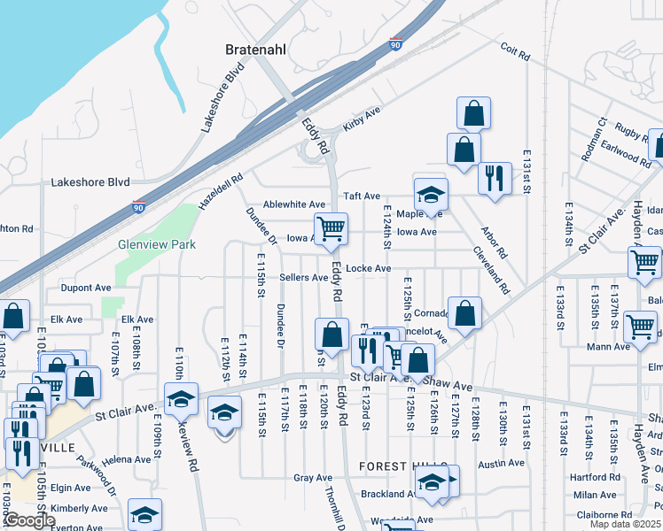 map of restaurants, bars, coffee shops, grocery stores, and more near 430 Eddy Road in Cleveland
