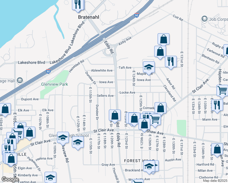map of restaurants, bars, coffee shops, grocery stores, and more near 430 Eddy Road in Cleveland