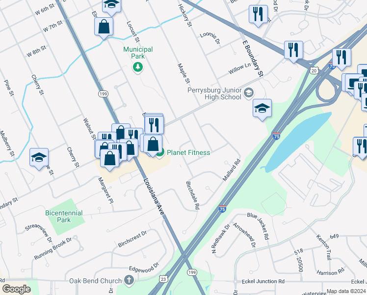 map of restaurants, bars, coffee shops, grocery stores, and more near 111 Quail Road in Perrysburg