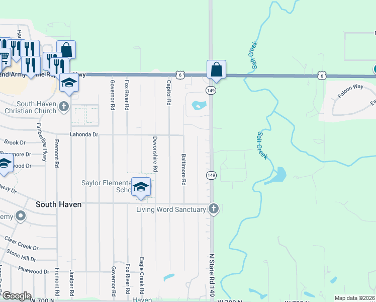 map of restaurants, bars, coffee shops, grocery stores, and more near 767 Baltimore Road in Valparaiso