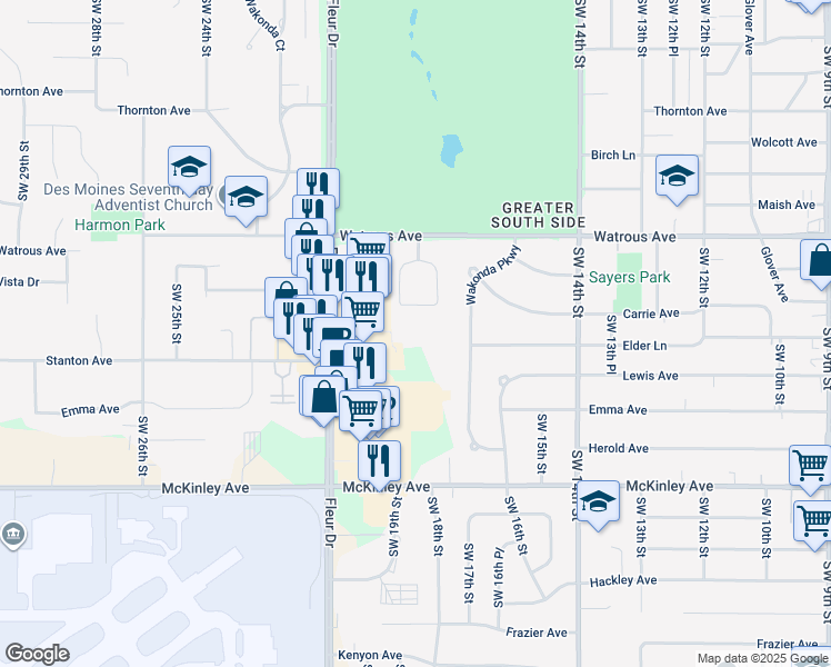 map of restaurants, bars, coffee shops, grocery stores, and more near 25 Wakonda Cir in Des Moines