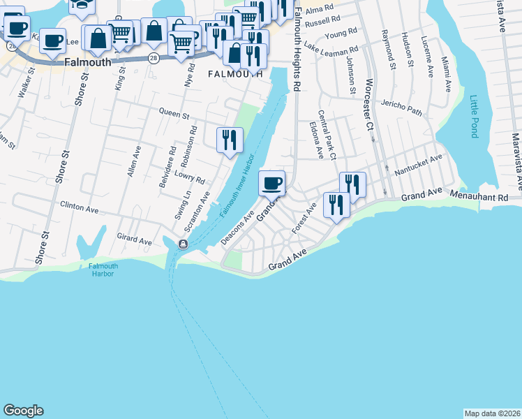 map of restaurants, bars, coffee shops, grocery stores, and more near 456 Grand Avenue in Falmouth