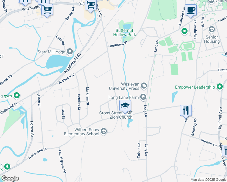 map of restaurants, bars, coffee shops, grocery stores, and more near 357 West Street in Middletown