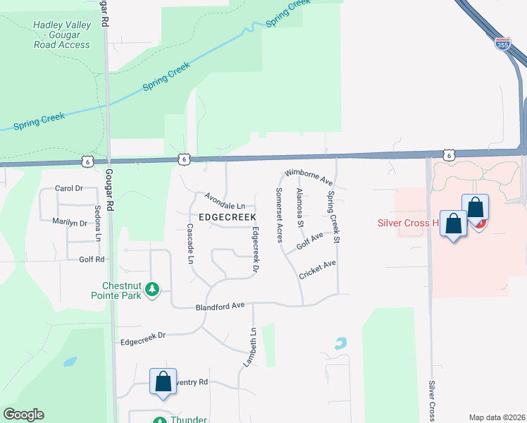 map of restaurants, bars, coffee shops, grocery stores, and more near 3506 Edgecreek Dr in New Lenox