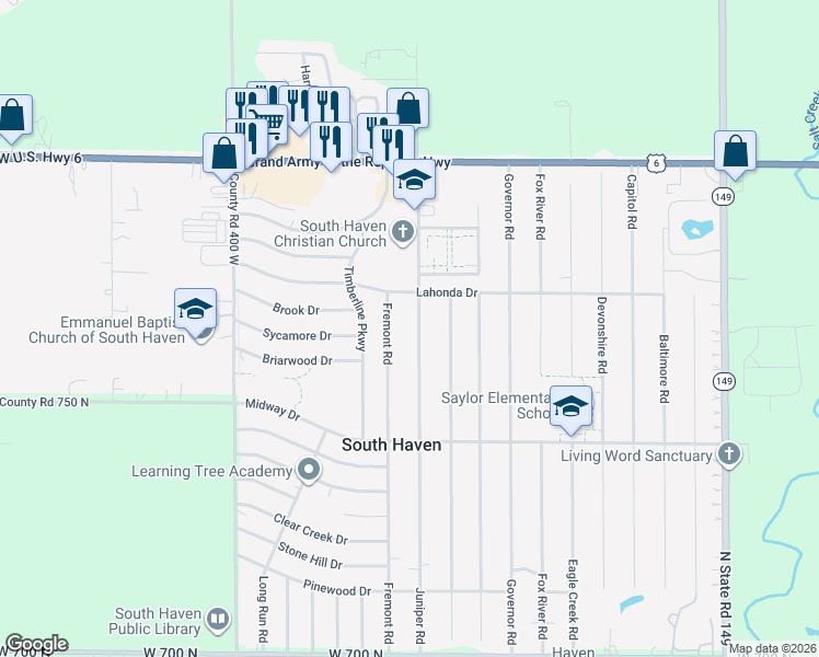 map of restaurants, bars, coffee shops, grocery stores, and more near 766 Juniper Road in Valparaiso