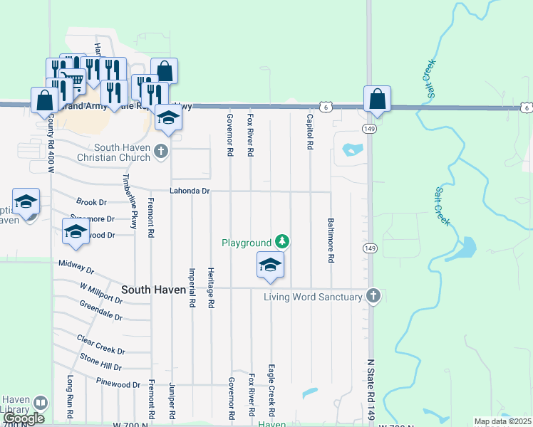 map of restaurants, bars, coffee shops, grocery stores, and more near 766 Eagle Creek Road in Valparaiso