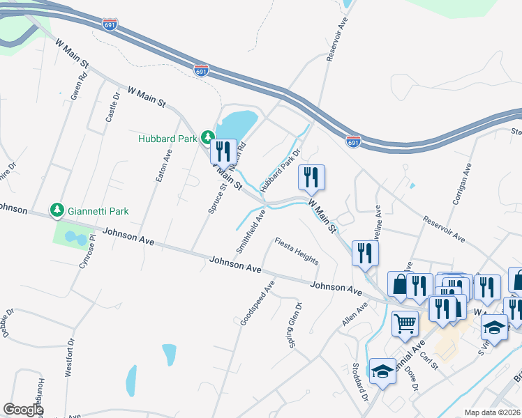 map of restaurants, bars, coffee shops, grocery stores, and more near in Meriden