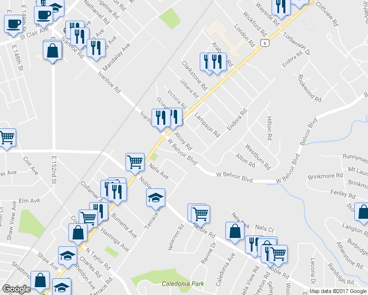 map of restaurants, bars, coffee shops, grocery stores, and more near 1850 Alcoy Rd in Cleveland