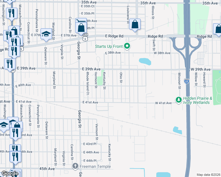 map of restaurants, bars, coffee shops, grocery stores, and more near 4009 Kentucky Street in Gary