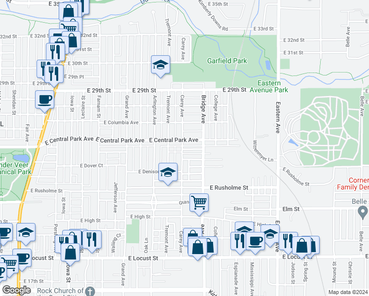 map of restaurants, bars, coffee shops, grocery stores, and more near 1104 East Colorado Street in Davenport
