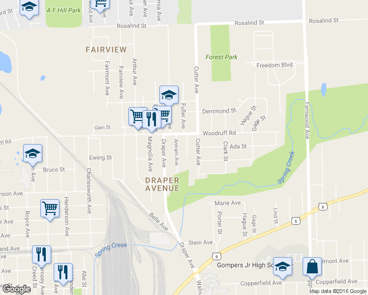 map of restaurants, bars, coffee shops, grocery stores, and more near 1115 Holmes Ave in Joliet