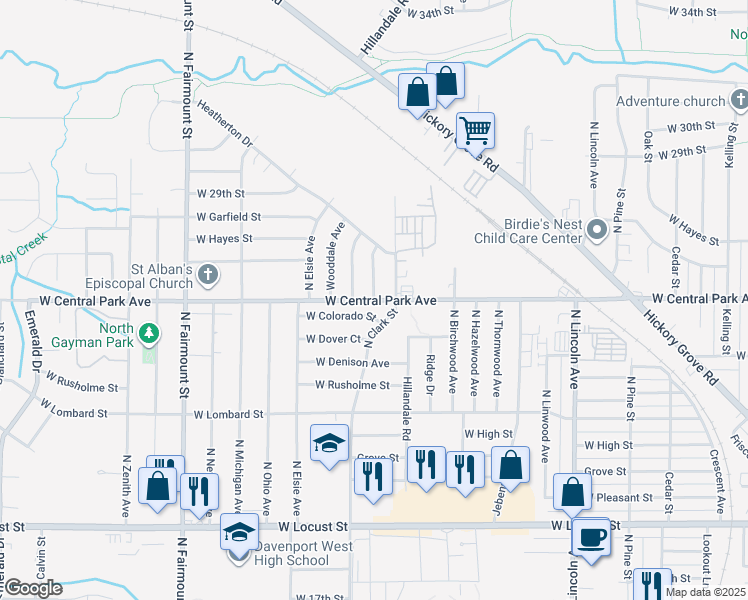 map of restaurants, bars, coffee shops, grocery stores, and more near 3198 West Central Park Avenue in Davenport