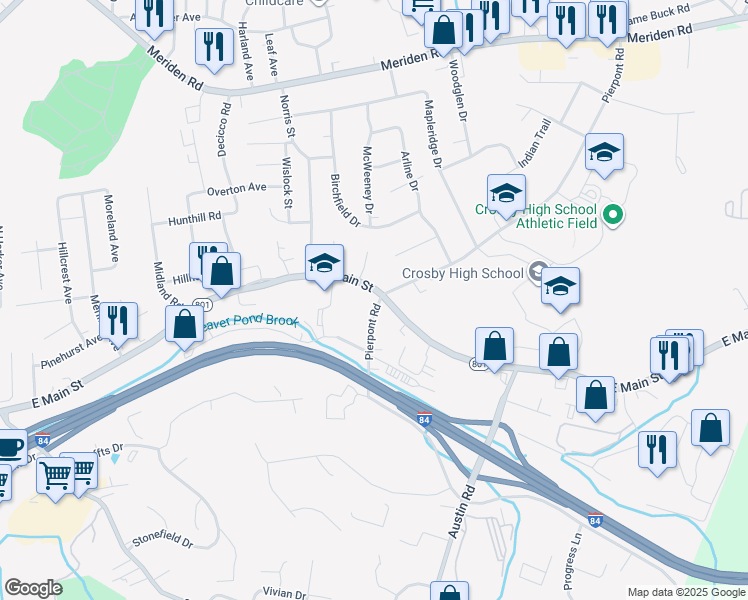 map of restaurants, bars, coffee shops, grocery stores, and more near 3280 East Main Street in Waterbury