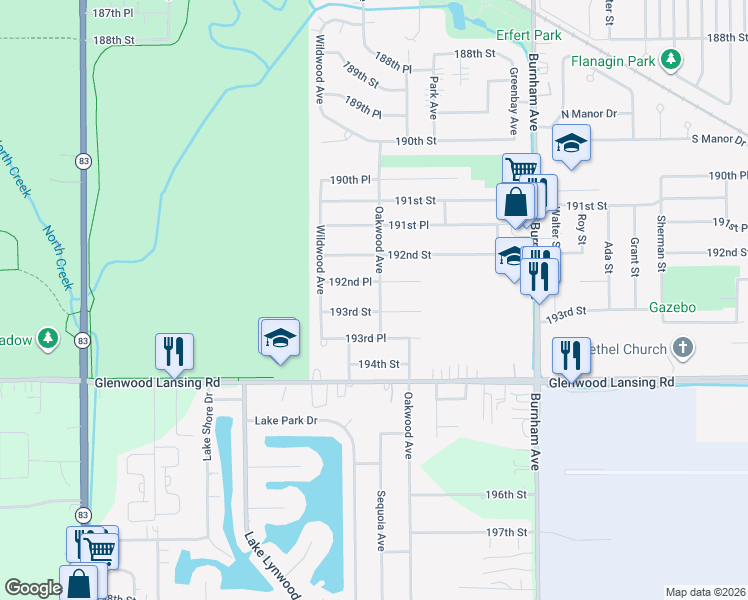 map of restaurants, bars, coffee shops, grocery stores, and more near 19252 Oakwood Avenue in Lansing