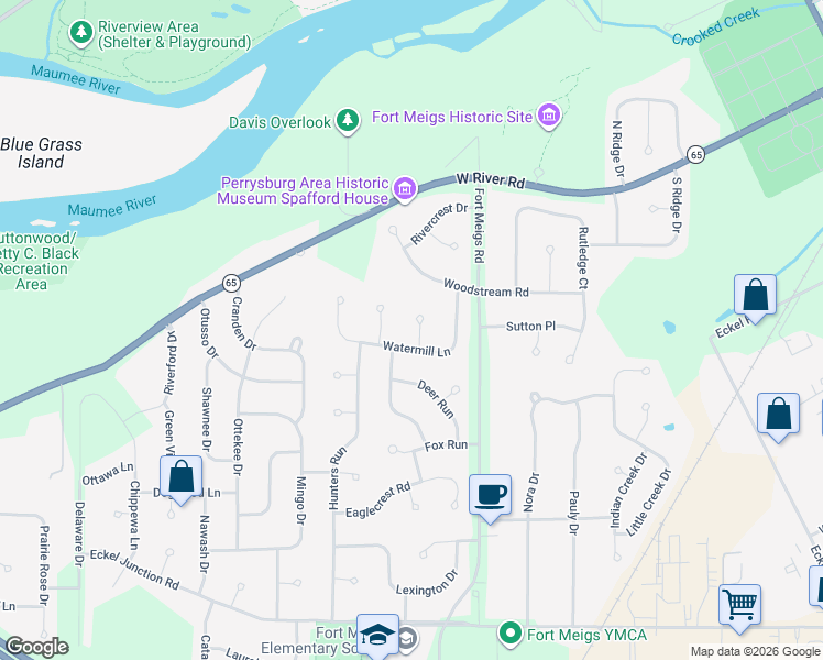 map of restaurants, bars, coffee shops, grocery stores, and more near 584 Winding River Court in Perrysburg