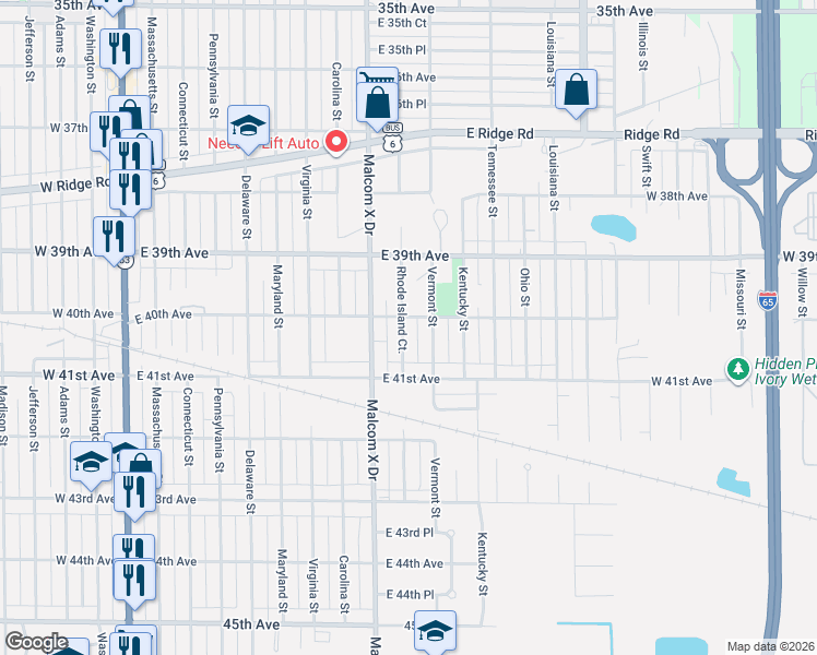 map of restaurants, bars, coffee shops, grocery stores, and more near 4009 Rhode Island Court in Gary