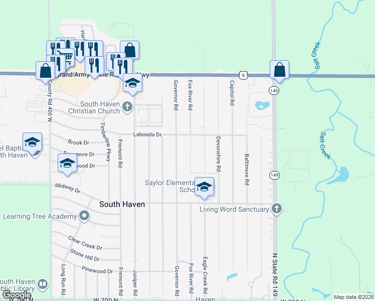 map of restaurants, bars, coffee shops, grocery stores, and more near 766 Fox River Road in Valparaiso