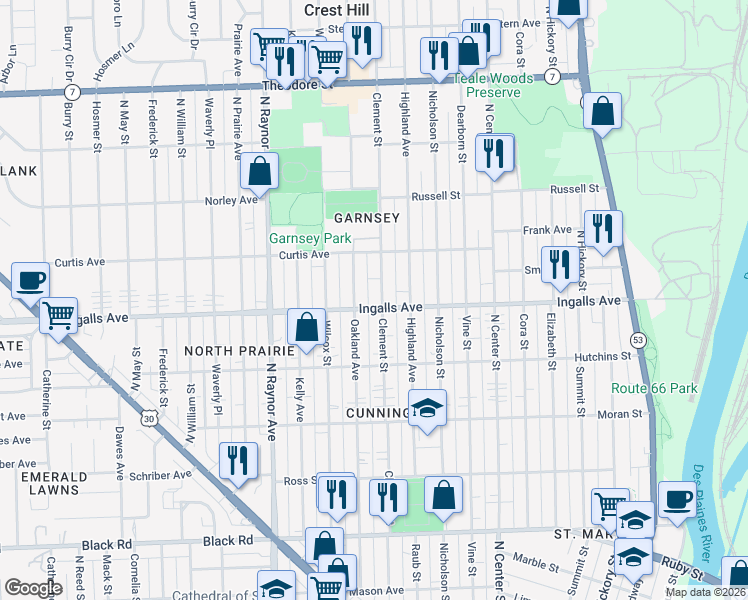 map of restaurants, bars, coffee shops, grocery stores, and more near 1202 Clement Street in Joliet