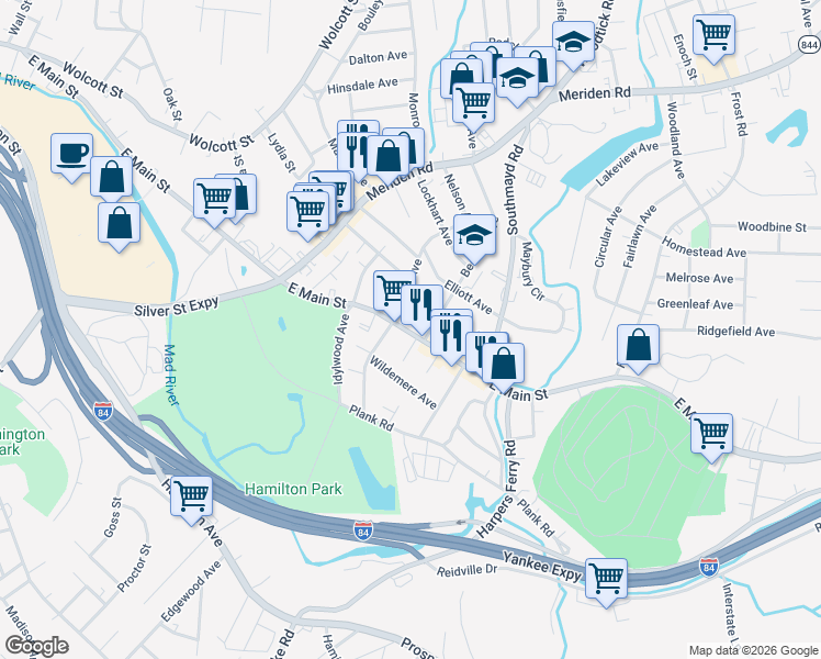 map of restaurants, bars, coffee shops, grocery stores, and more near 1773 East Main Street in Waterbury