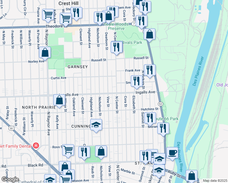 map of restaurants, bars, coffee shops, grocery stores, and more near 1201 North Center Street in Joliet