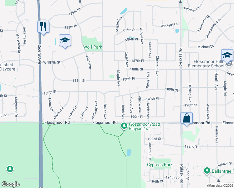 map of restaurants, bars, coffee shops, grocery stores, and more near 4330 189th Street in Country Club Hills