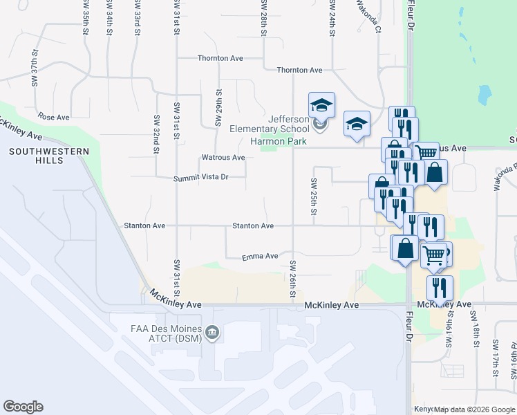 map of restaurants, bars, coffee shops, grocery stores, and more near 4219 Southwest 27th Street in Des Moines