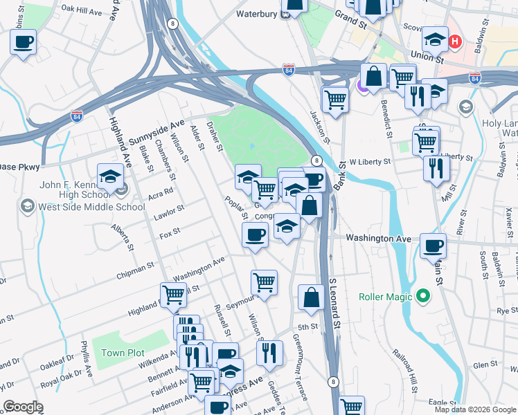 map of restaurants, bars, coffee shops, grocery stores, and more near 113 Green Street in Waterbury