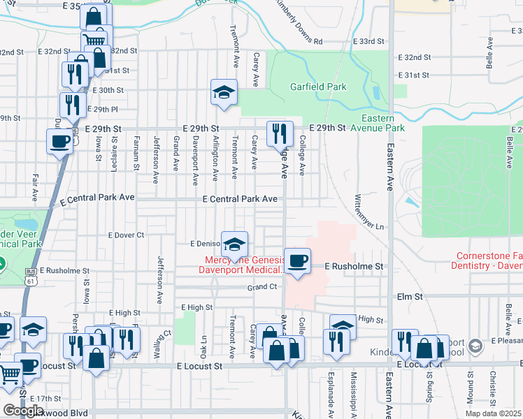 map of restaurants, bars, coffee shops, grocery stores, and more near 1110 East Colorado Street in Davenport